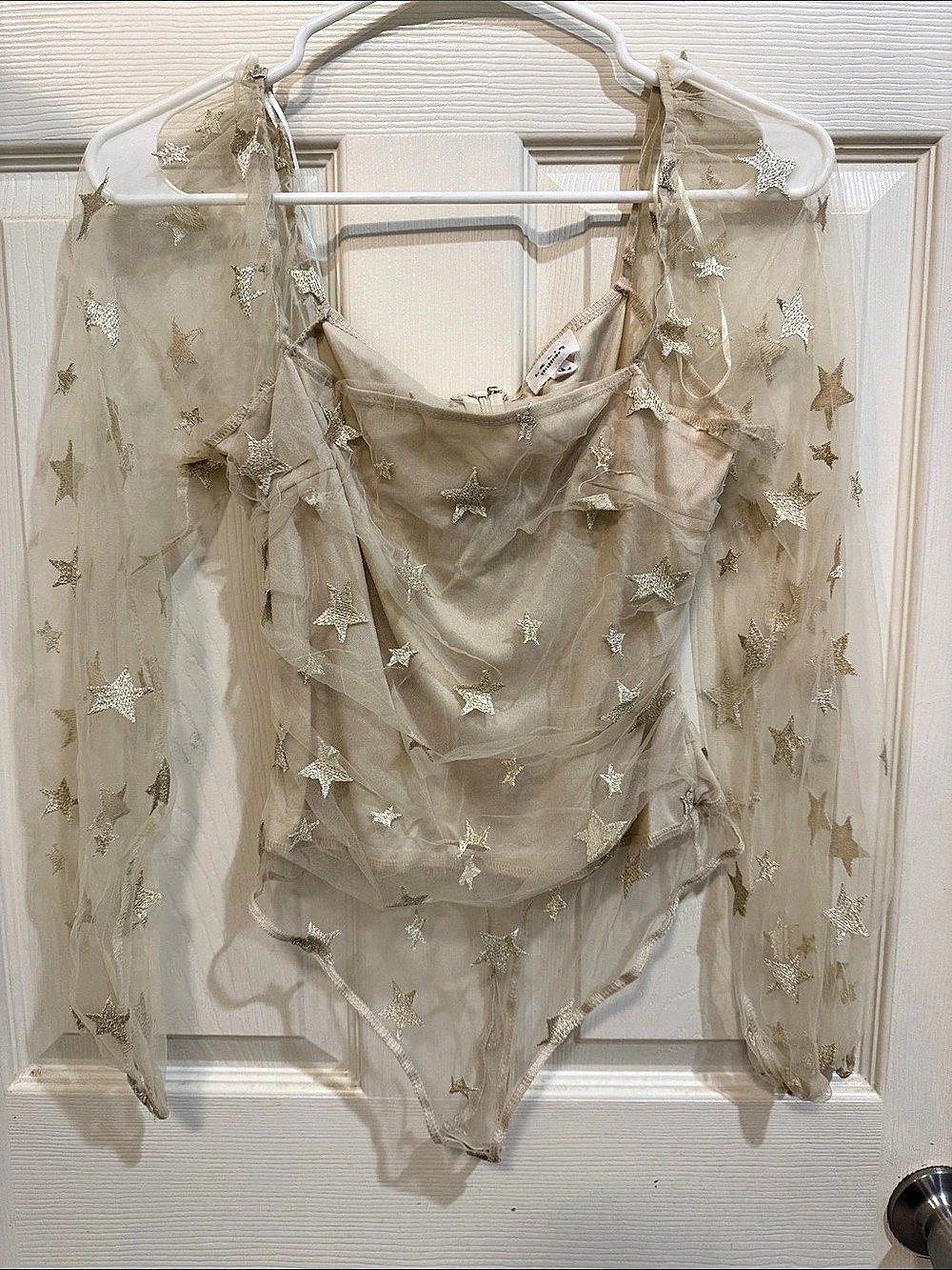 LE LIS Star Embroidered Mesh Bodysuit Beige & Gold Medium